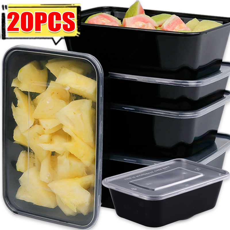 Meal Prep Ideas - 10/20x ภาชนะเก็บอาหารพร้อมฝาปิดภาชนะเตรียมอาหารแบบใช้แล้วทิ้งป้องกันการรั่วซึมสีดำกล่องเบนโตะอาหารกลางวันเครื่องใช้บนโต๊ะอาหารในครัว