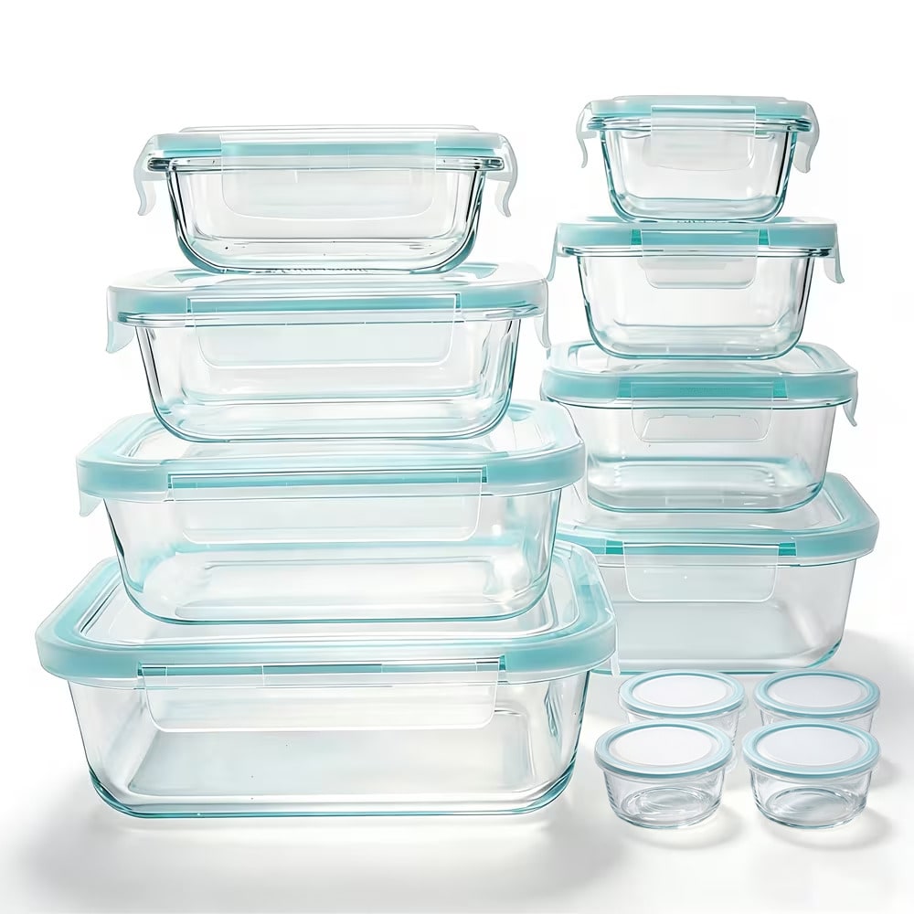 Meal Prep Kit - ชุดภาชนะเก็บอาหารแก้วดีไซน์ทันสมัย 24 ชิ้น แก้วใสพร้อมฝาปิดสีฟ้าอ่อนแบบแน่นสนิท ป้องกันการรั่วซึม ใช้กับไมโครเวฟได้