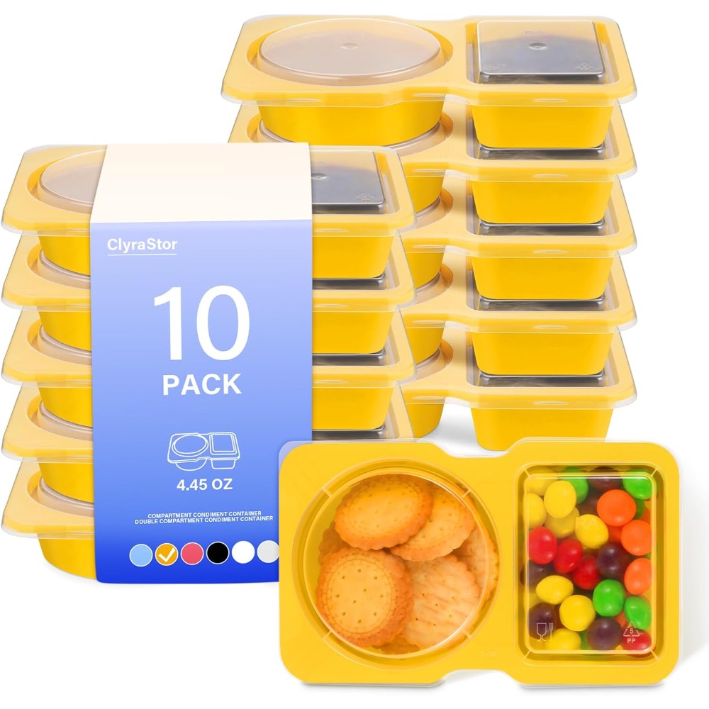 Meal Prep Yellow - ภาชนะพลาสติกใส่อาหารแบบใช้แล้วทิ้ง 2 ช่องพร้อมฝาปิด 10 แพ็ค กล่องเก็บอาหารสีเหลืองสำหรับซอส