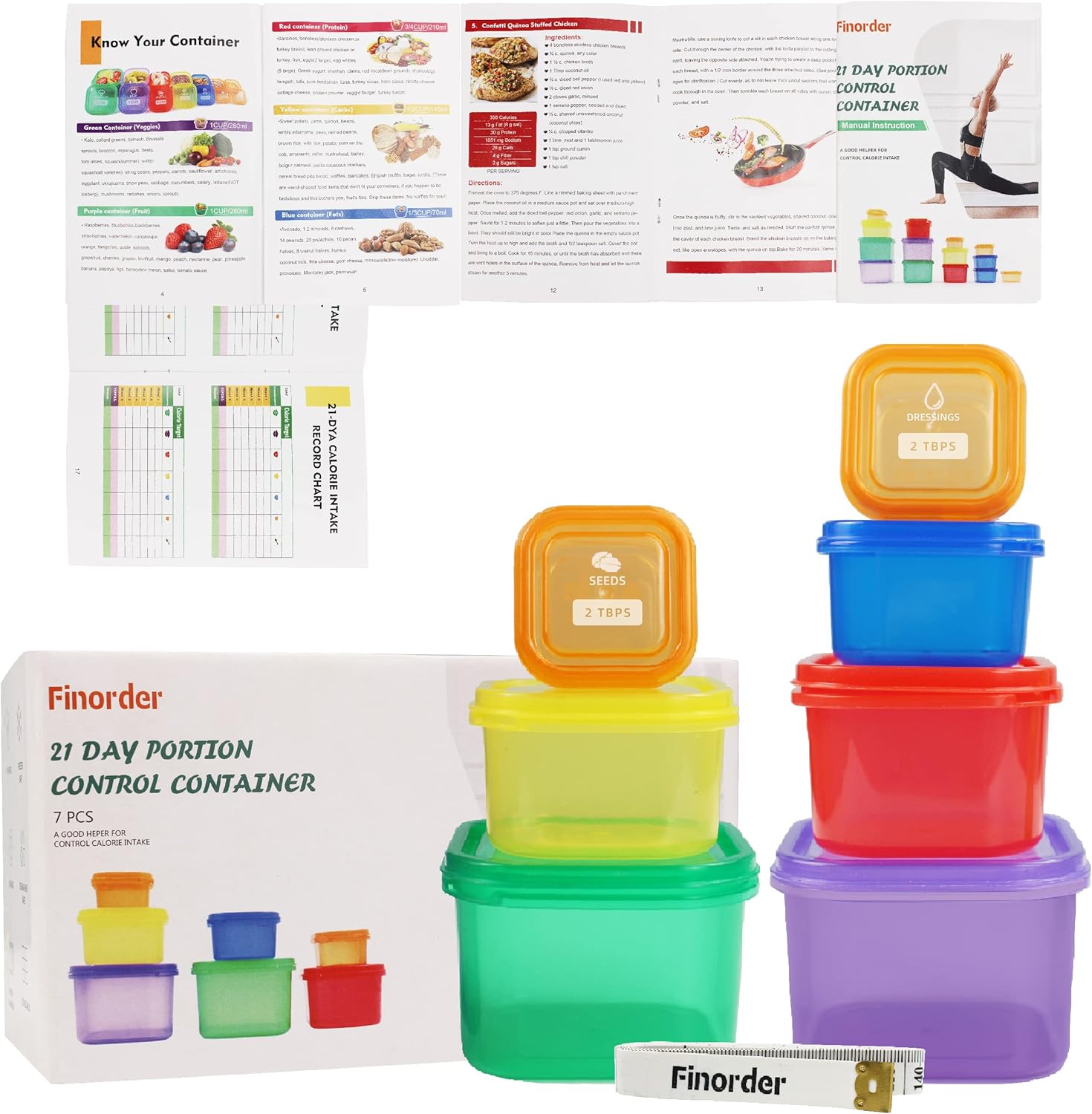 Meal Prep Kit - 7 ชิ้น 21 วันส่วนควบคุมชุดคอนเทนเนอร์ชุดภาชนะเก็บอาหารสําหรับเตรียมอาหาร, 21 วันลดน้ําหนักระบบ